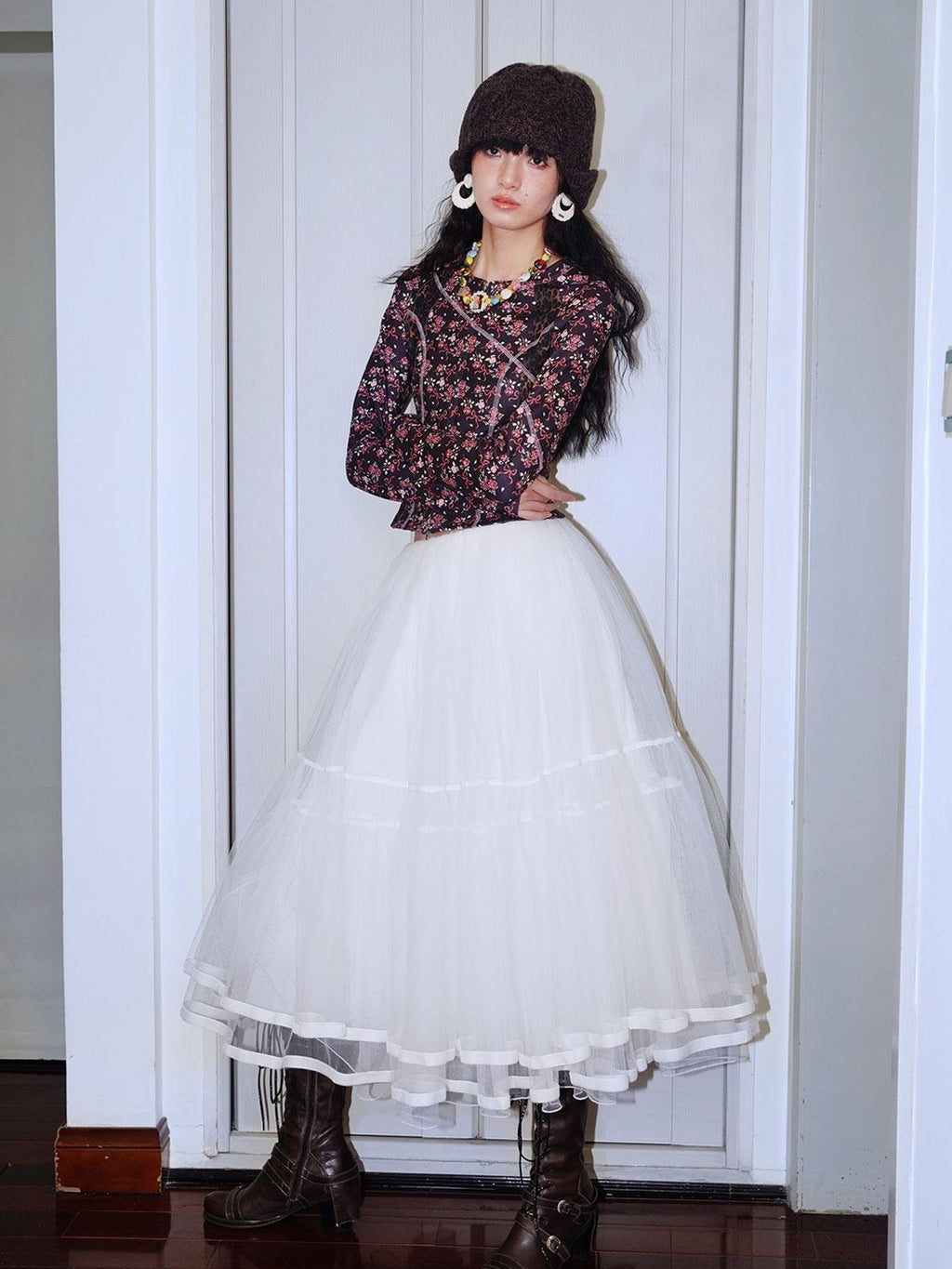 Solid Layered Long Puff Low Waist Women's Mesh Tulle Maxi Skirts