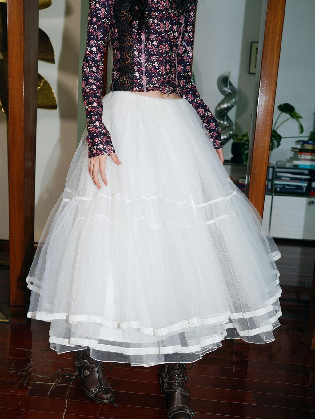 Solid Layered Long Puff Low Waist Women's Mesh Tulle Maxi Skirts