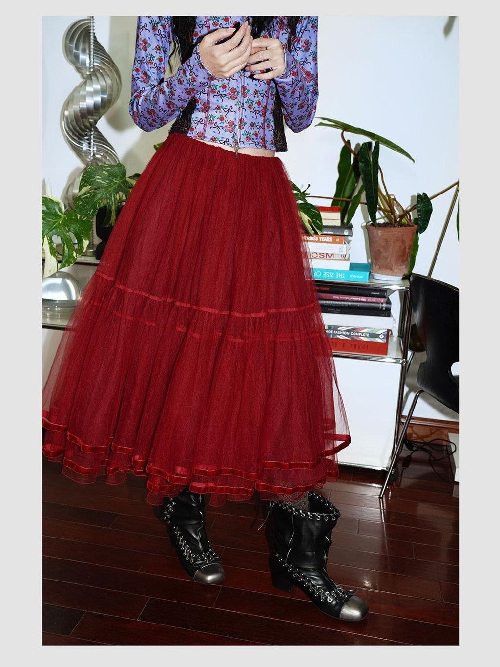 Solid Layered Long Puff Low Waist Women's Mesh Tulle Maxi Skirts