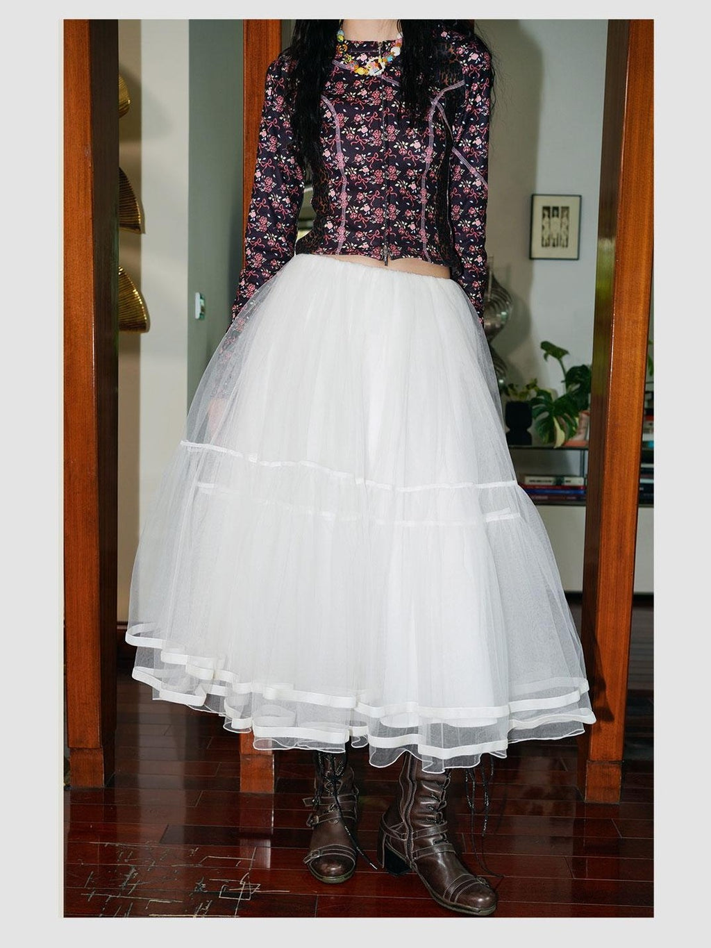 Solid Layered Long Puff Low Waist Women's Mesh Tulle Maxi Skirts