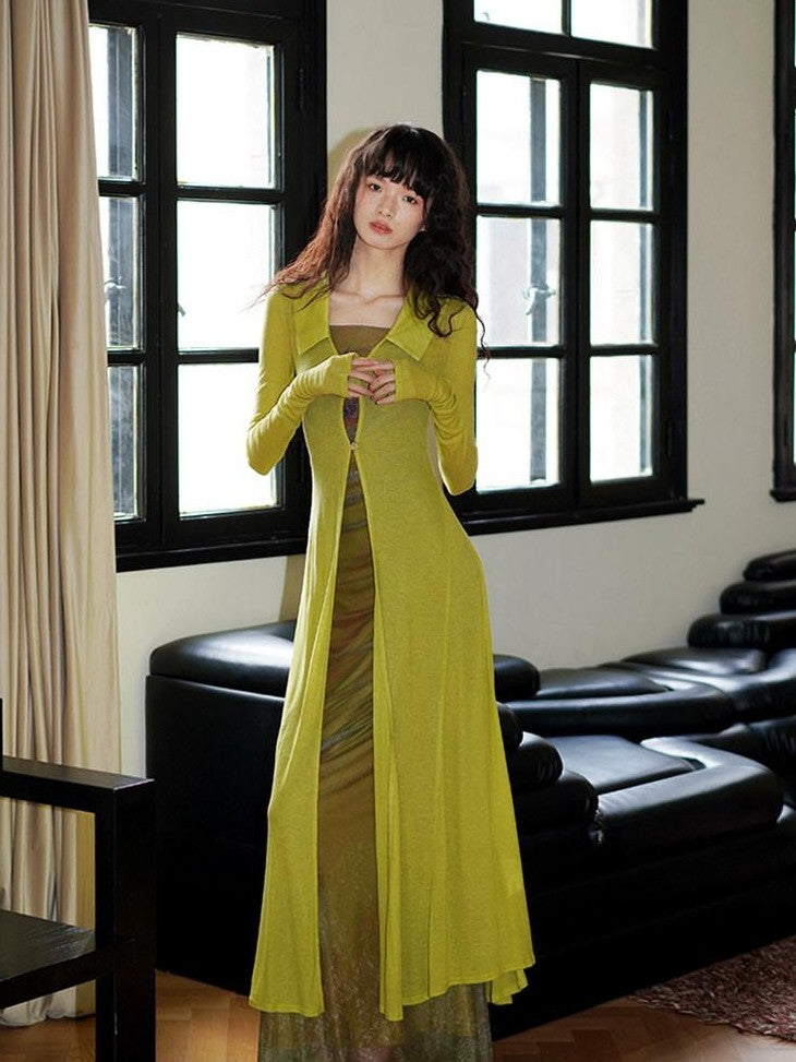 badtaste Solid Mid Length Thin Button Lapel Slim Fit Women's Lyocell Wool Cardigans