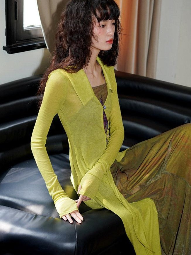 badtaste Solid Mid Length Thin Button Lapel Slim Fit Women's Lyocell Wool Cardigans