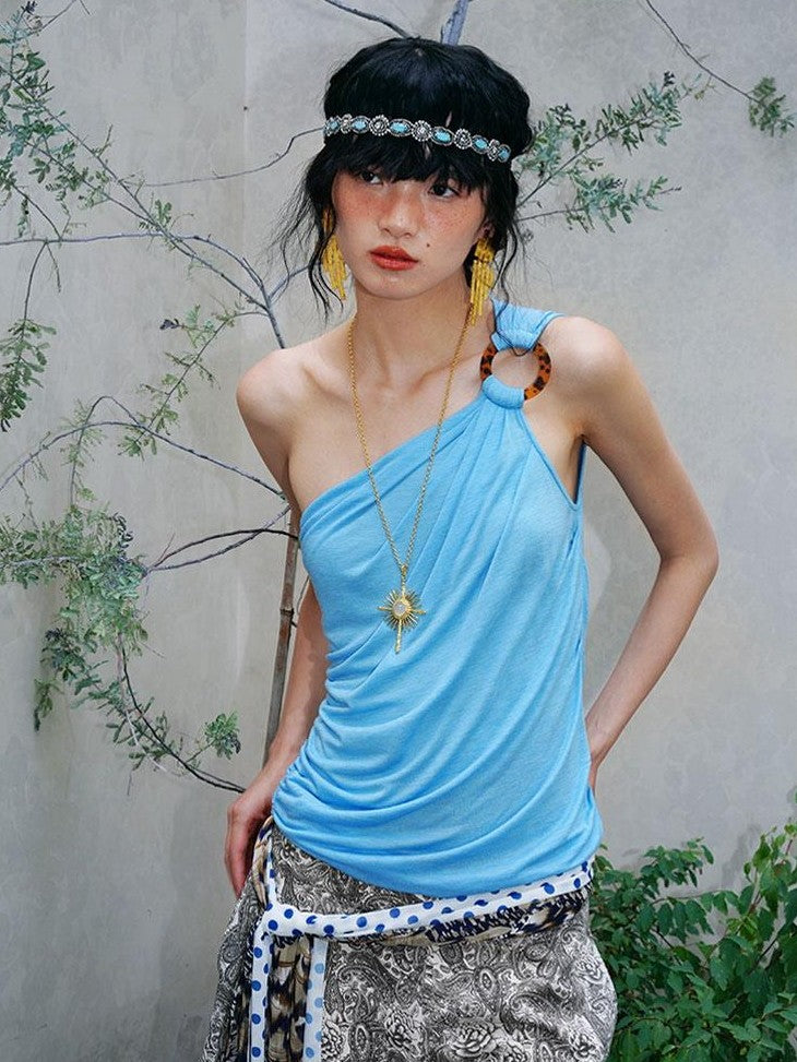 badtaste Solid Sculptural Asymmetric Zip Front Women's Lyocell Tank Tops