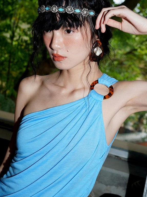 badtaste Solid Sculptural Asymmetric Zip Front Women's Lyocell Tank Tops