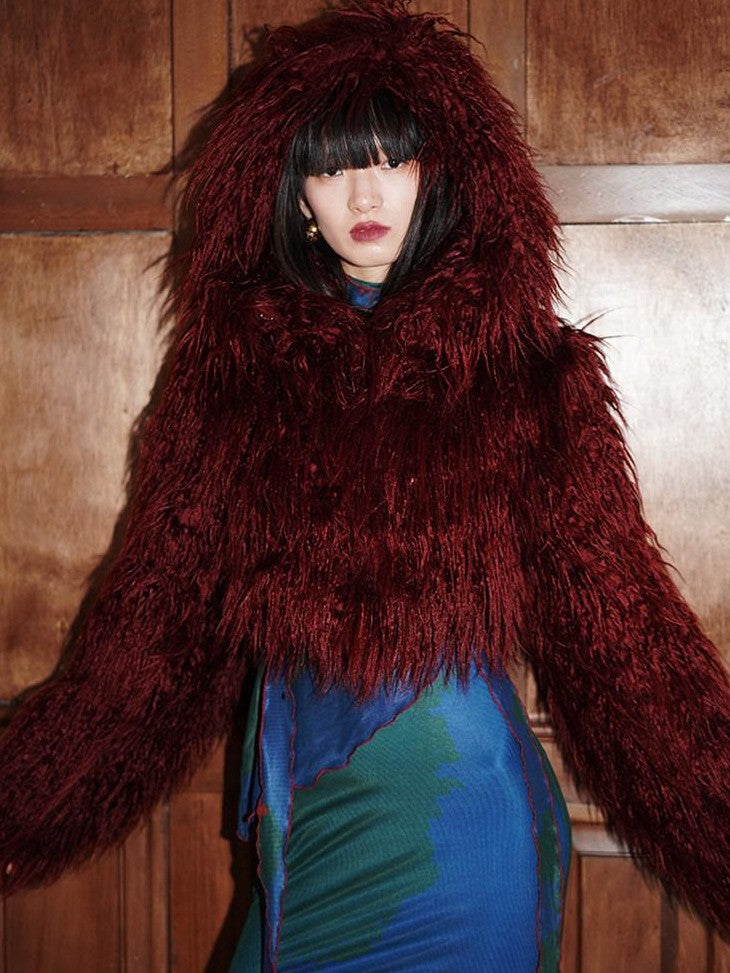 badtaste Solid Short Oversized Hooded Thick Warm Women's Faux Fur Coats