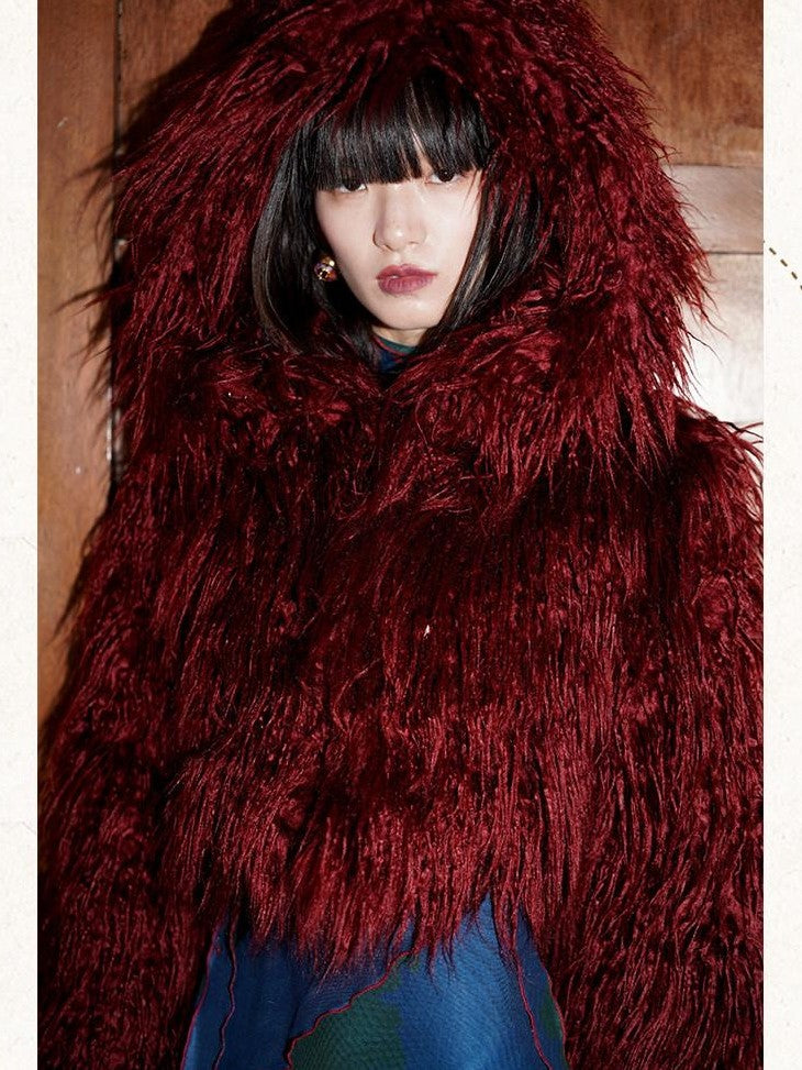 badtaste Solid Short Oversized Hooded Thick Warm Women's Faux Fur Coats