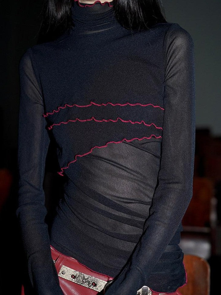 badtaste Solid Stand Collar Slim Fit Women's Mesh Long Sleeve T-shirts