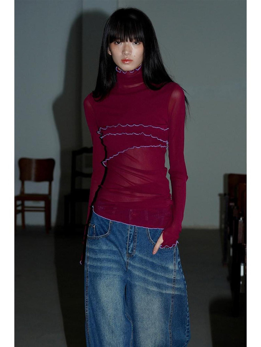 badtaste Solid Stand Collar Slim Fit Women's Mesh Long Sleeve T-shirts