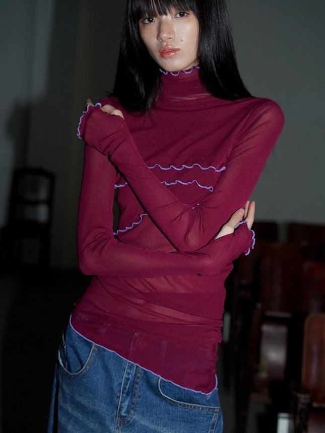badtaste Solid Stand Collar Slim Fit Women's Mesh Long Sleeve T-shirts