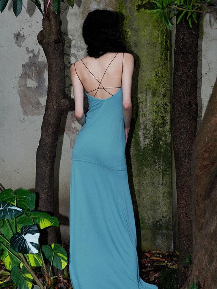 badtaste Solid Stretch Slim Backless Cami Midi Women's Other Fabric Matching Skirt Sets