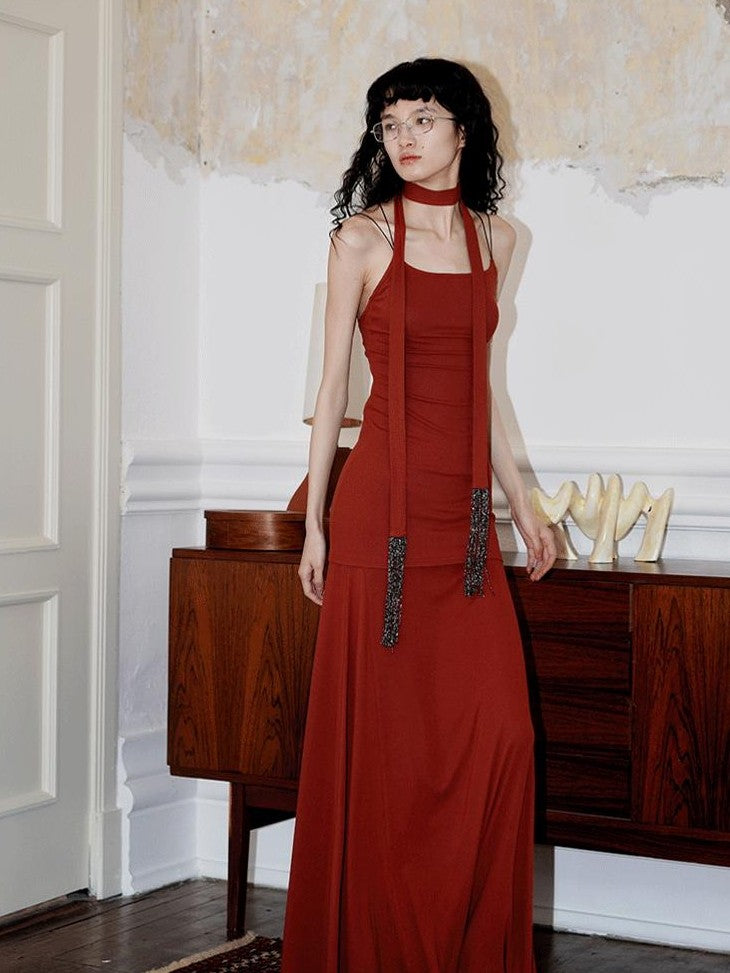 badtaste Solid Stretch Slim Backless Cami Midi Women's Other Fabric Matching Skirt Sets
