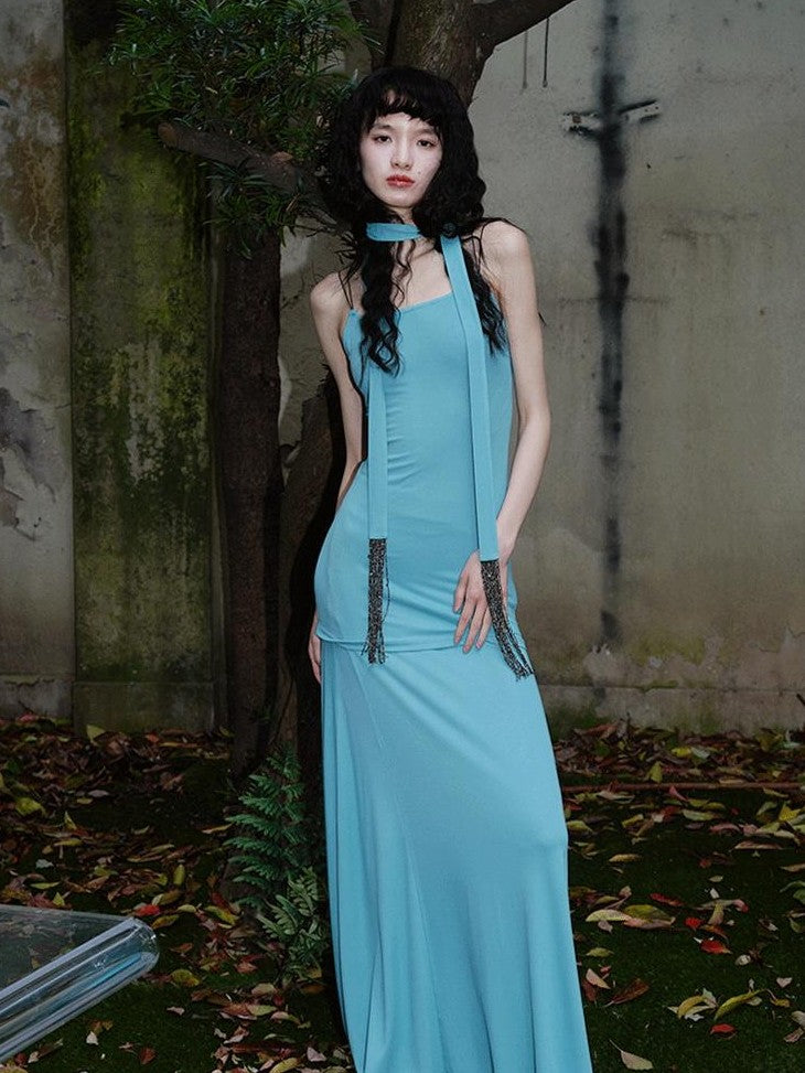 badtaste Solid Stretch Slim Backless Cami Midi Women's Other Fabric Matching Skirt Sets