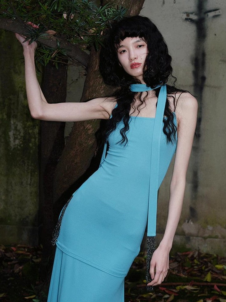 badtaste Solid Stretch Slim Backless Cami Midi Women's Other Fabric Matching Skirt Sets