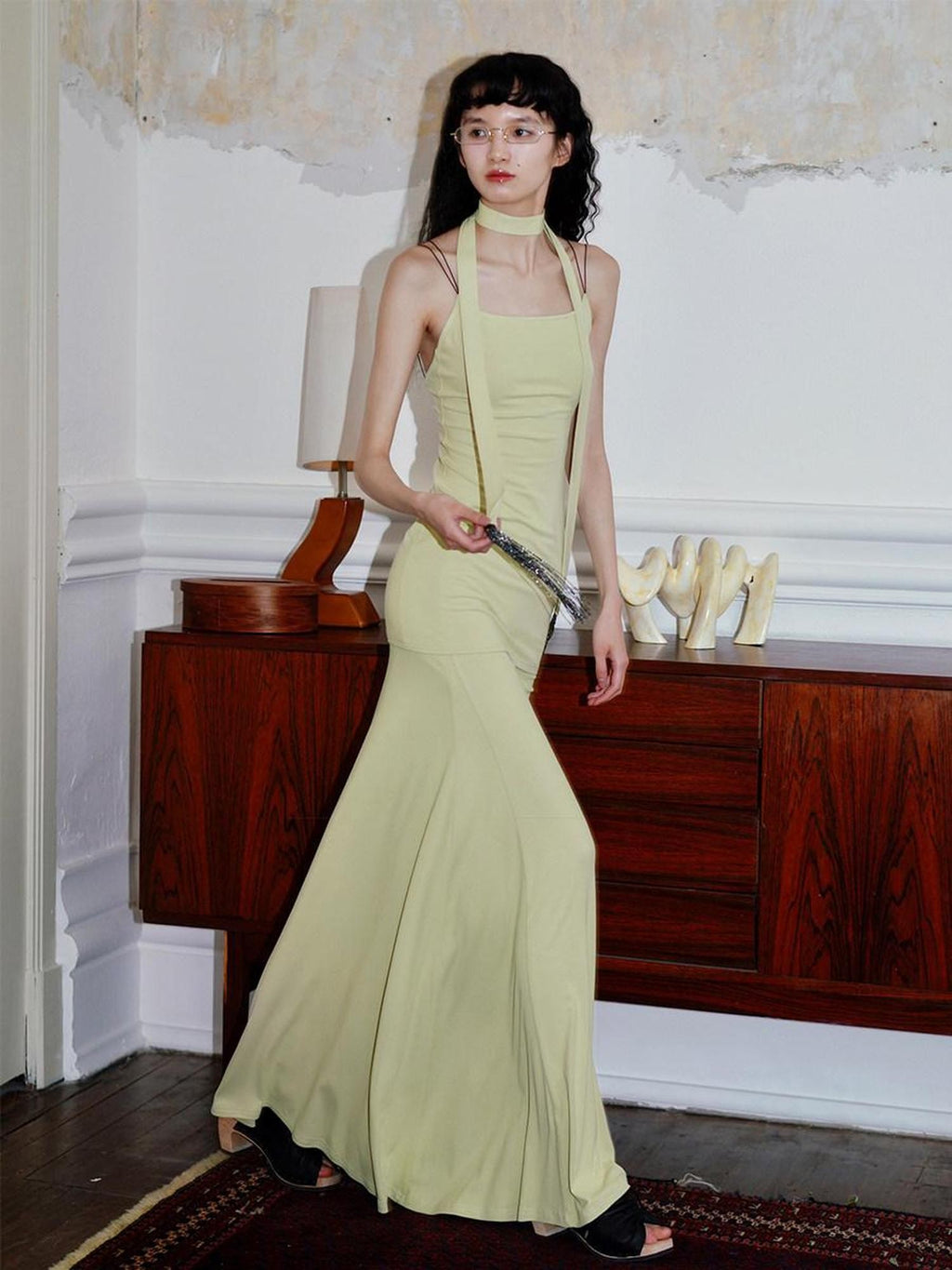 badtaste Solid Stretch Slim Backless Cami Midi Women's Other Fabric Matching Skirt Sets
