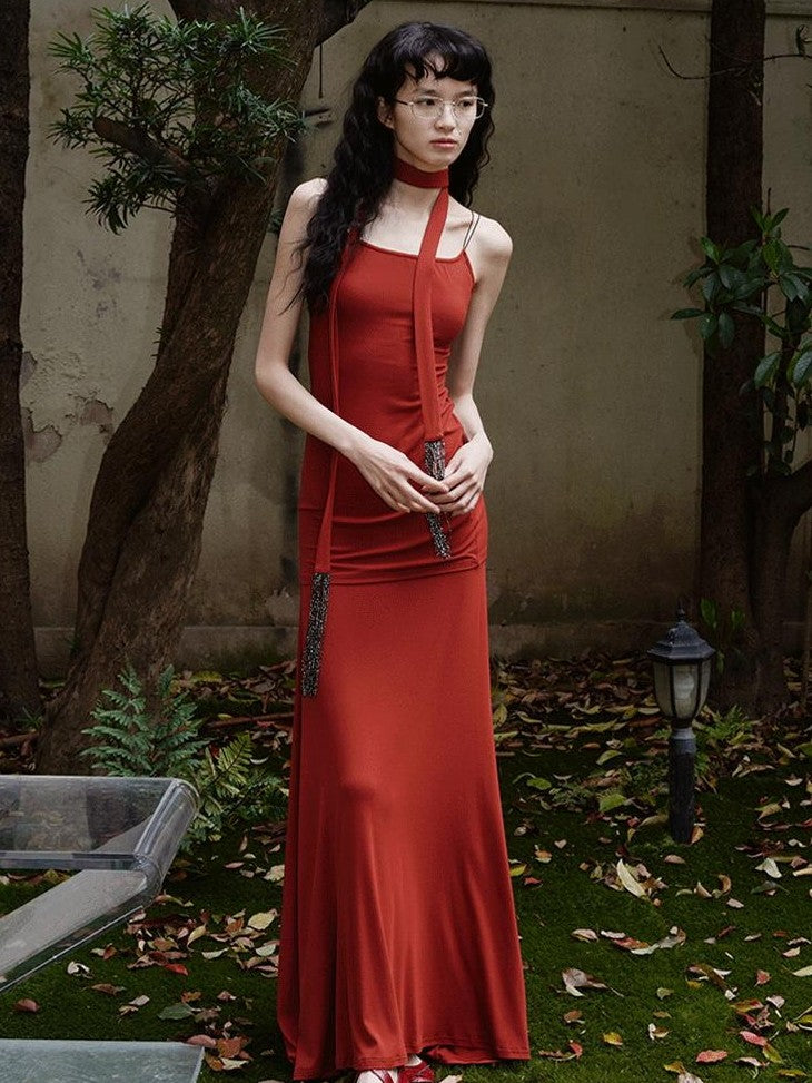 badtaste Solid Stretch Slim Backless Cami Midi Women's Other Fabric Matching Skirt Sets
