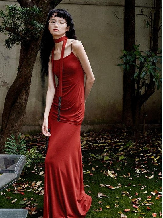 badtaste Solid Stretch Slim Backless Cami Midi Women's Other Fabric Matching Skirt Sets