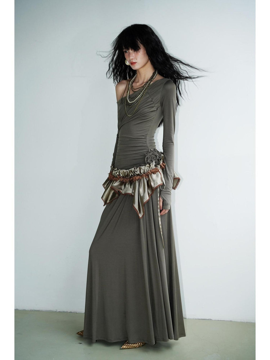 badtaste Solid Subtle Sheen Satin Asymmetric Low Waist Women's Silk Loose Midi Skirts