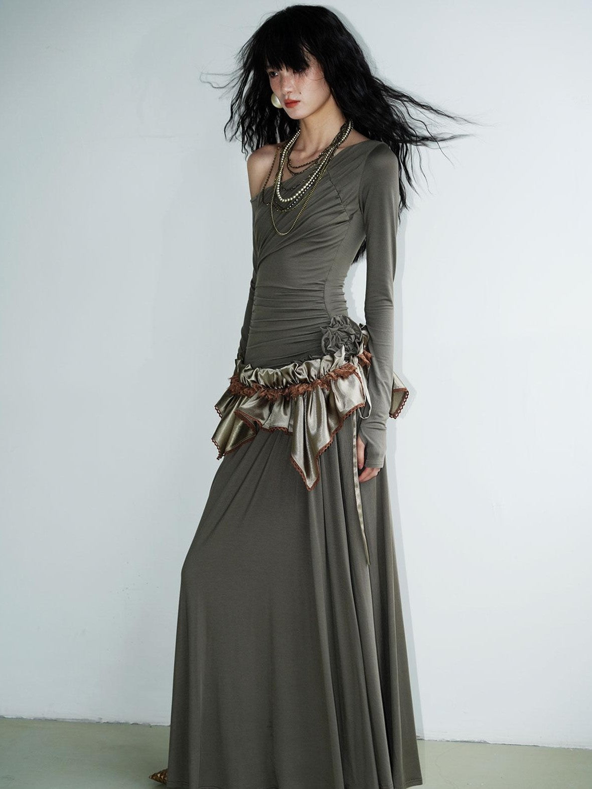 badtaste Solid Subtle Sheen Satin Asymmetric Low Waist Women's Silk Loose Midi Skirts