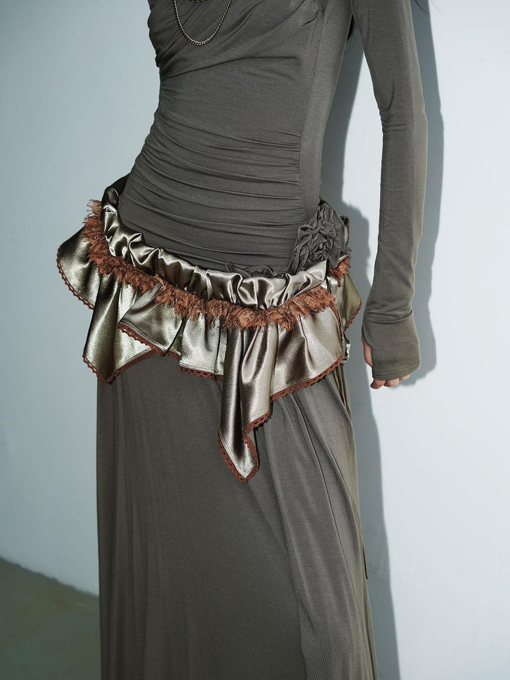 badtaste Solid Subtle Sheen Satin Asymmetric Low Waist Women's Silk Loose Midi Skirts