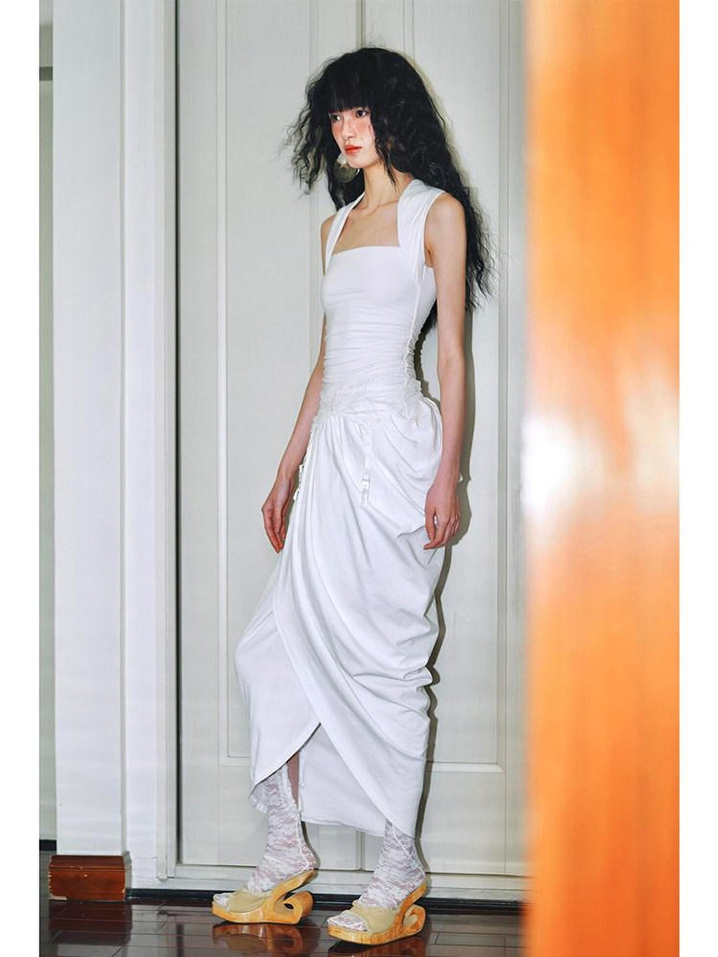 badtaste Solid Tailored Pinched Pleat Asymmetrical Bubble Hem Women's Casual Maxi Dresses