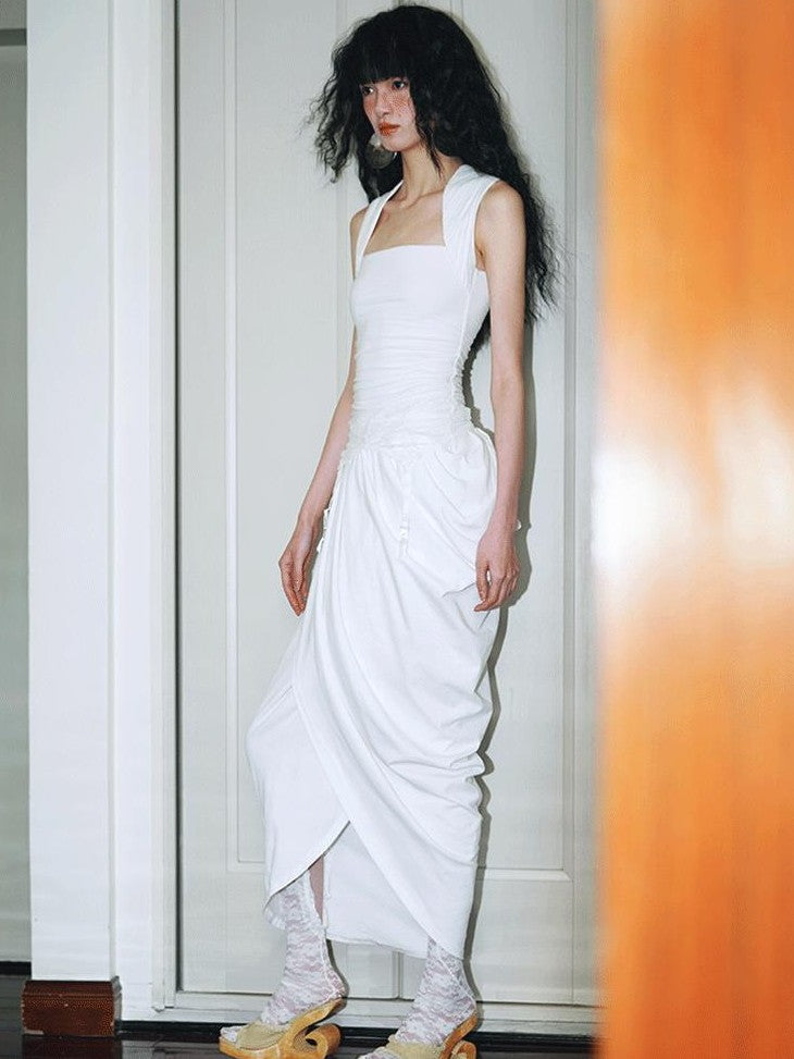 badtaste Solid Tailored Pinched Pleat Asymmetrical Bubble Hem Women's Casual Maxi Dresses