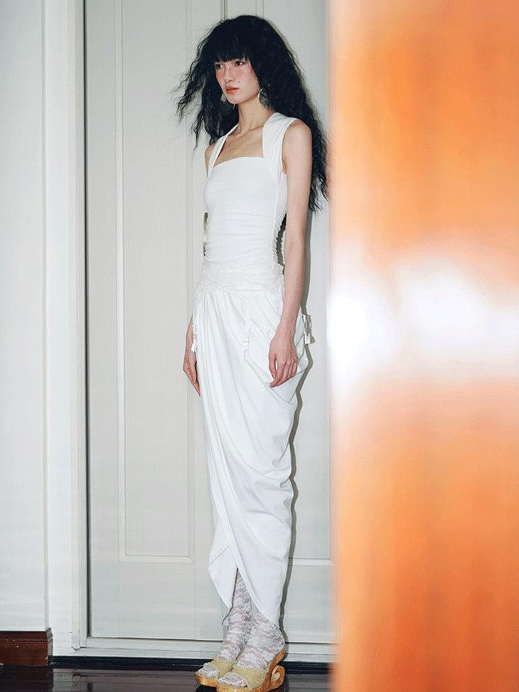 badtaste Solid Tailored Pinched Pleat Asymmetrical Bubble Hem Women's Casual Maxi Dresses