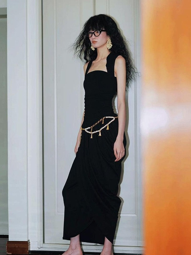 badtaste Solid Tailored Pinched Pleat Asymmetrical Bubble Hem Women's Casual Maxi Dresses