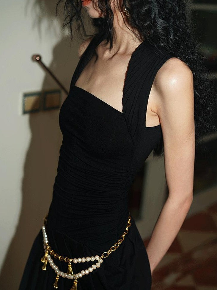 badtaste Solid Tailored Pinched Pleat Asymmetrical Bubble Hem Women's Casual Maxi Dresses