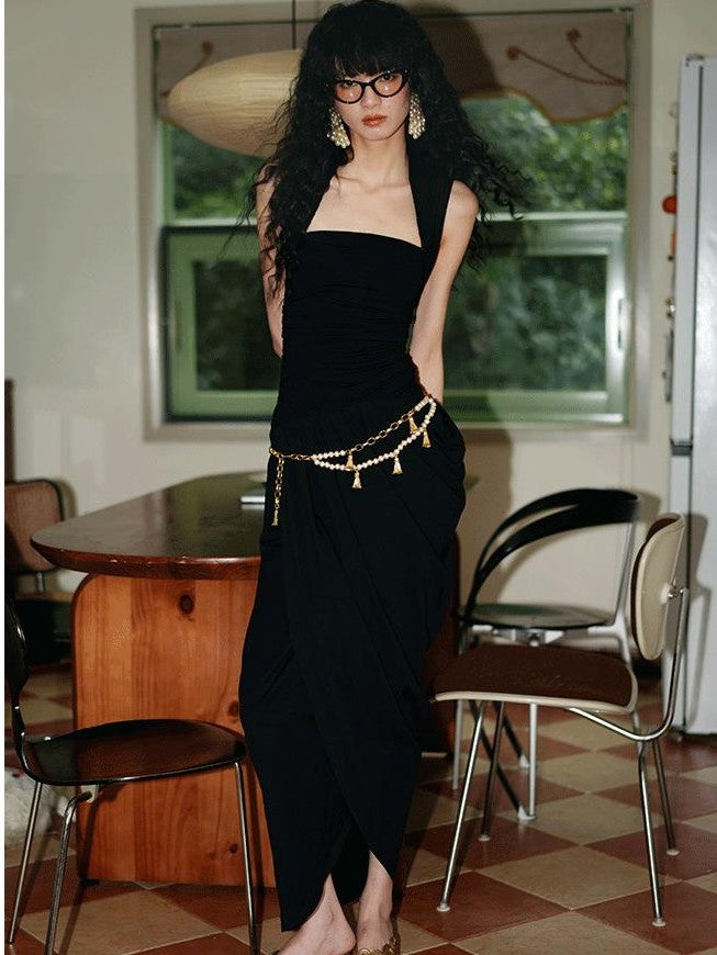 badtaste Solid Tailored Pinched Pleat Asymmetrical Bubble Hem Women's Casual Maxi Dresses
