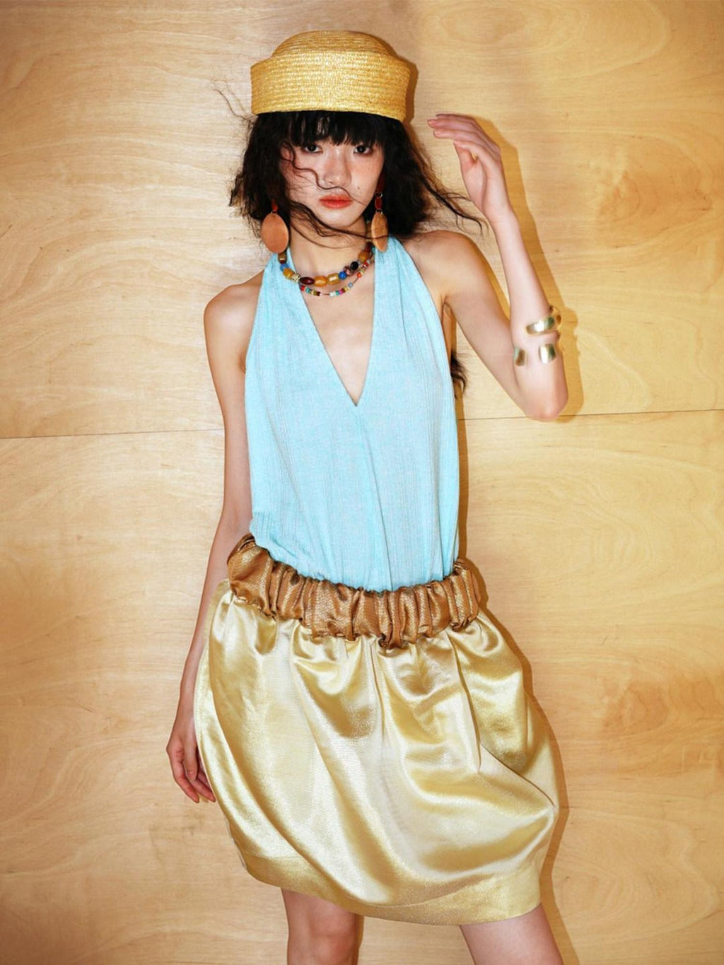 badtaste Solid V-neck Backless Bubble Skirt Women's Halter Midi Dresses