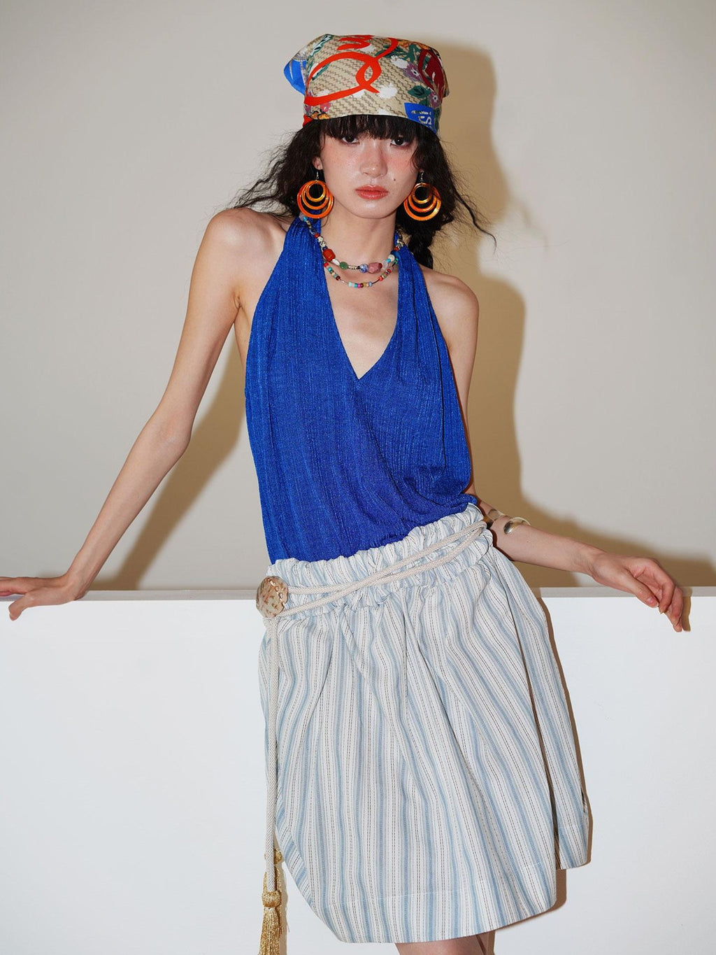 badtaste Solid V-neck Backless Bubble Skirt Women's Halter Midi Dresses
