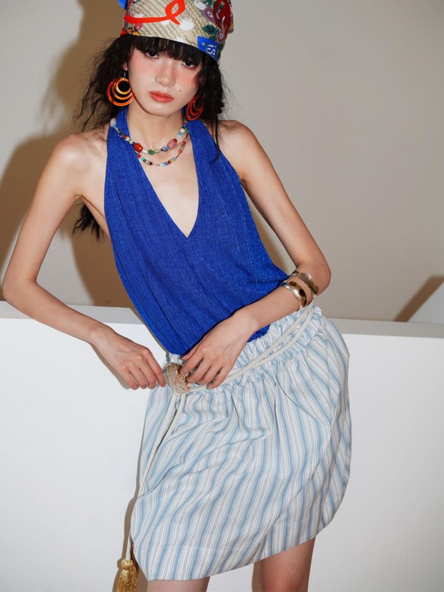 badtaste Solid V-neck Backless Bubble Skirt Women's Halter Midi Dresses