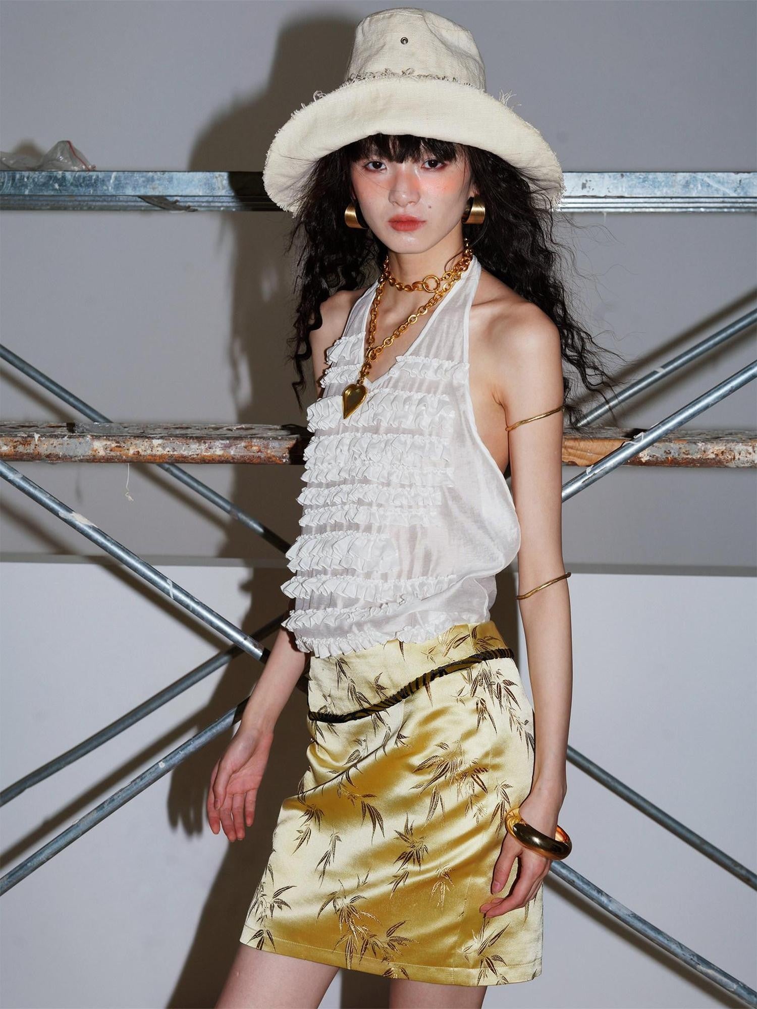 badtaste Solid V-neck Layered Ruffle Open Back Women's Lyocell Halter Tops
