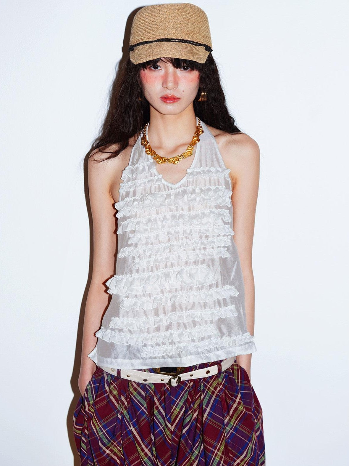 badtaste Solid V-neck Layered Ruffle Open Back Women's Lyocell Halter Tops