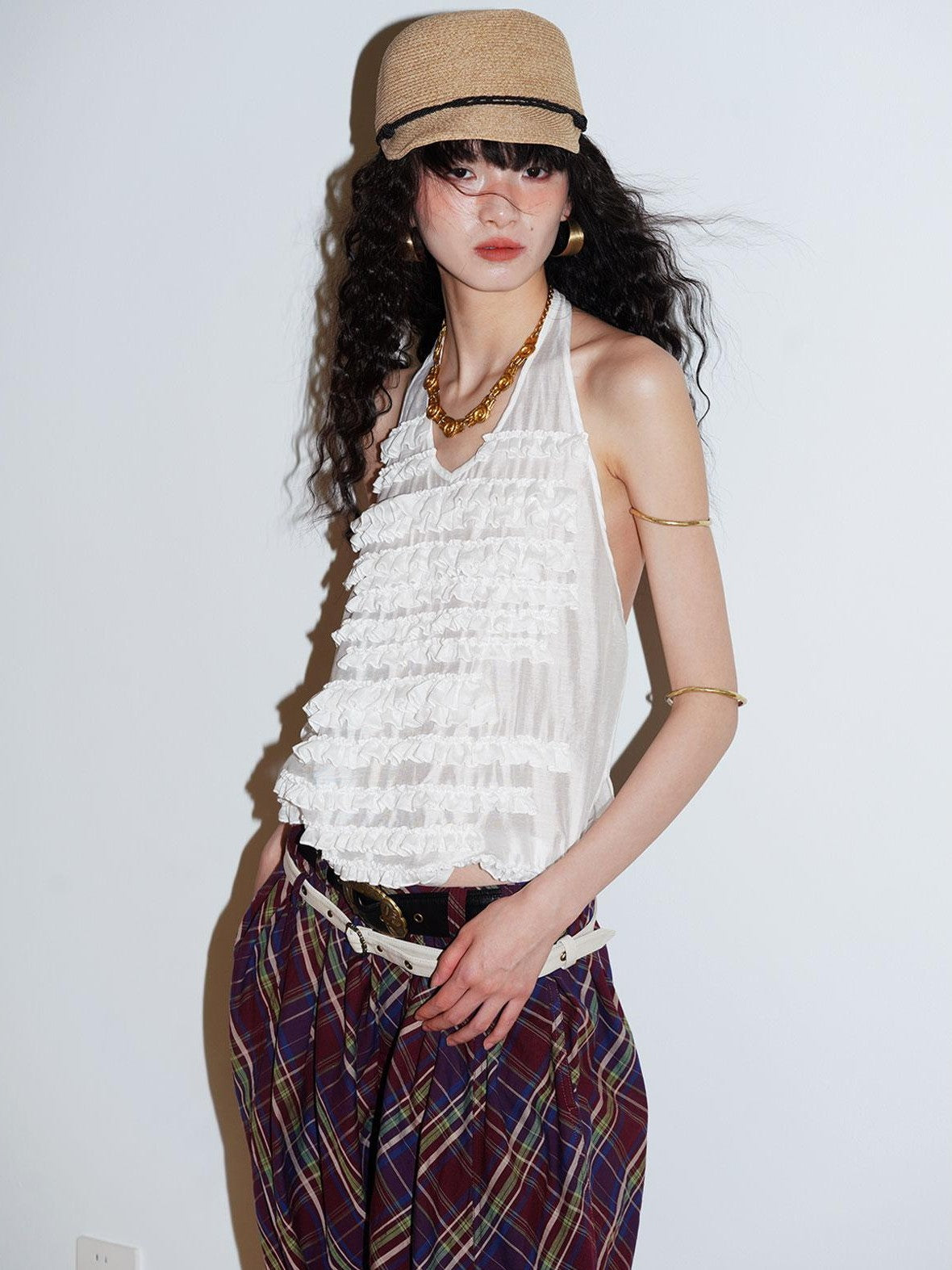 badtaste Solid V-neck Layered Ruffle Open Back Women's Lyocell Halter Tops