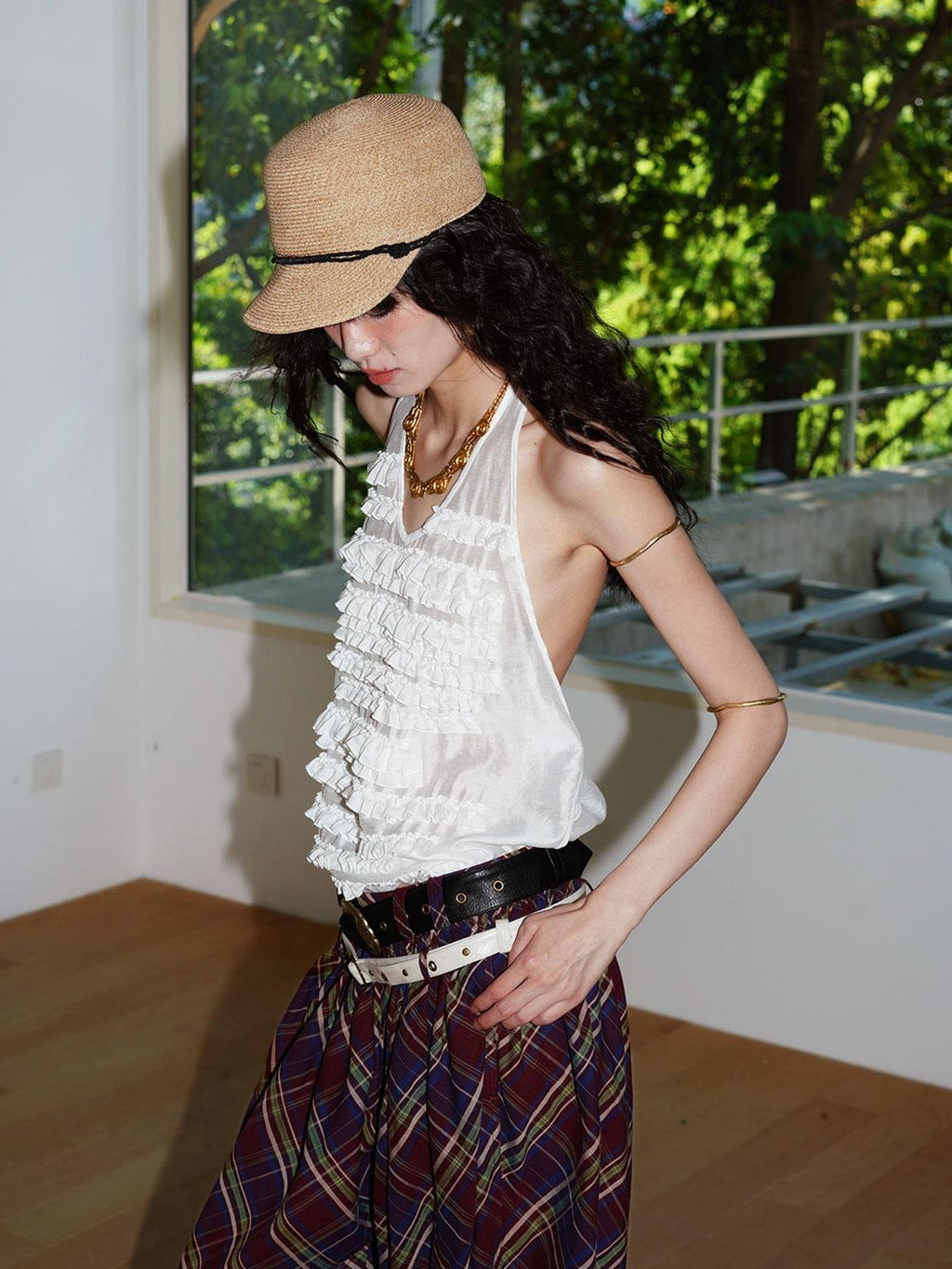 badtaste Solid V-neck Layered Ruffle Open Back Women's Lyocell Halter Tops