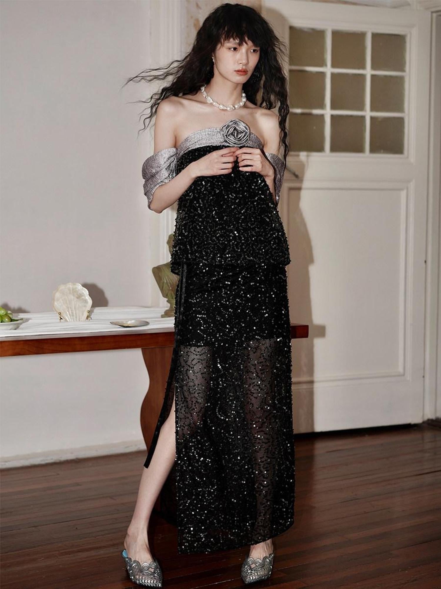 badtaste Special Soft Sequined Straight Tie Low Waist Long Women's Tulle Skirts