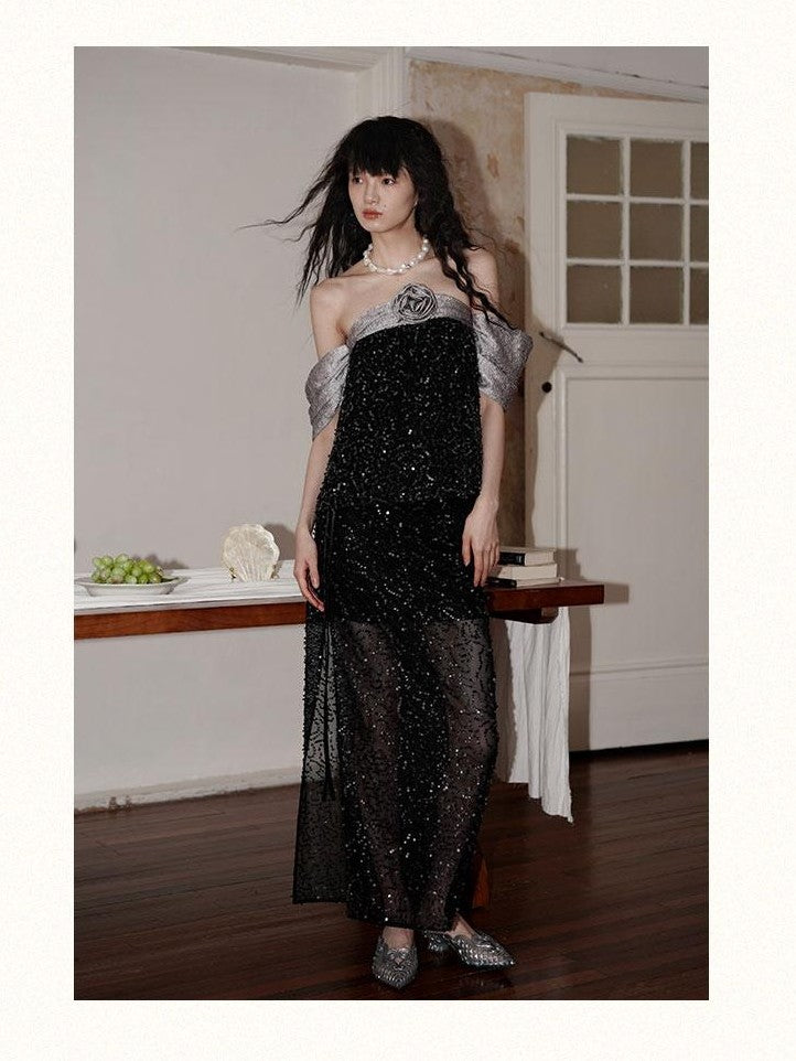badtaste Special Soft Sequined Straight Tie Low Waist Long Women's Tulle Skirts
