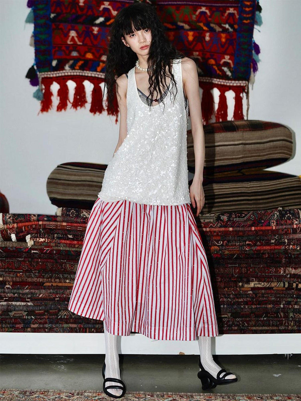 badtaste Striped A Line Two Way Strapless Women's Other Material Midi Skirts