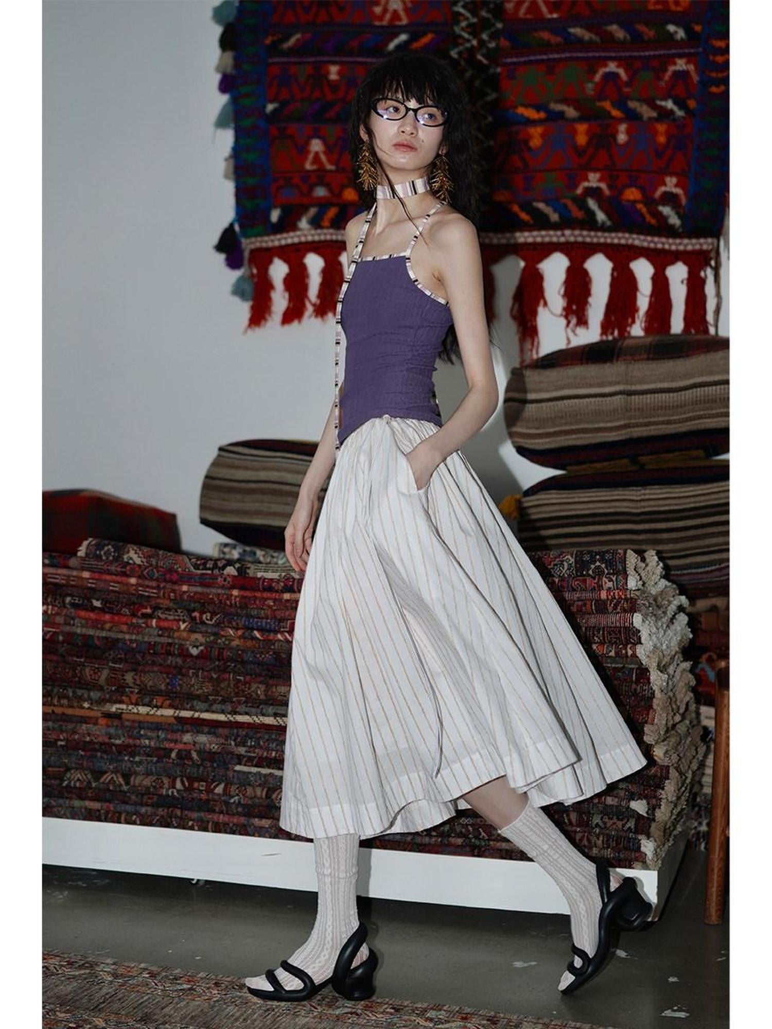 badtaste Striped A Line Two Way Strapless Women's Other Material Midi Skirts