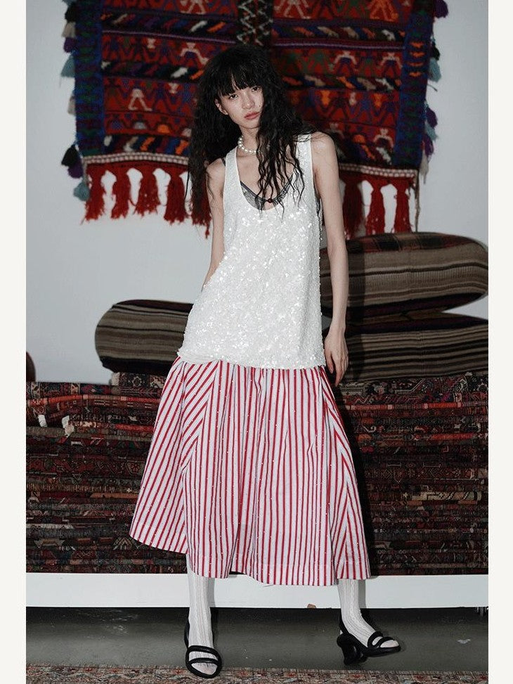 badtaste Striped A Line Two Way Strapless Women's Other Material Midi Skirts