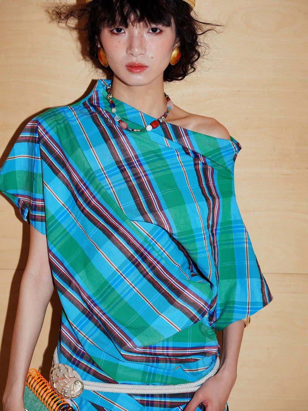 badtaste Striped Colorblock Asymmetric Drawstring Loose Women's Off-shoulder T-shirts