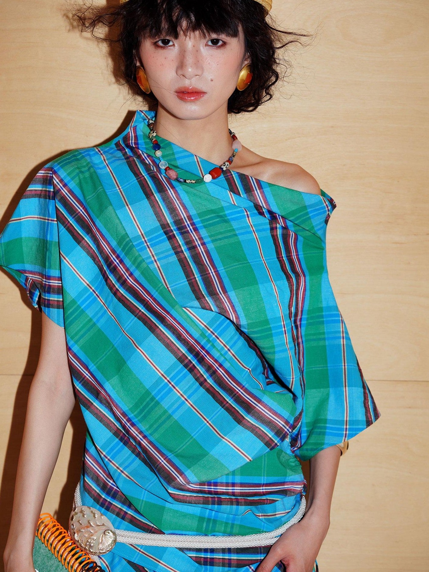 badtaste Striped Colorblock Asymmetric Drawstring Loose Women's Off-shoulder T-shirts