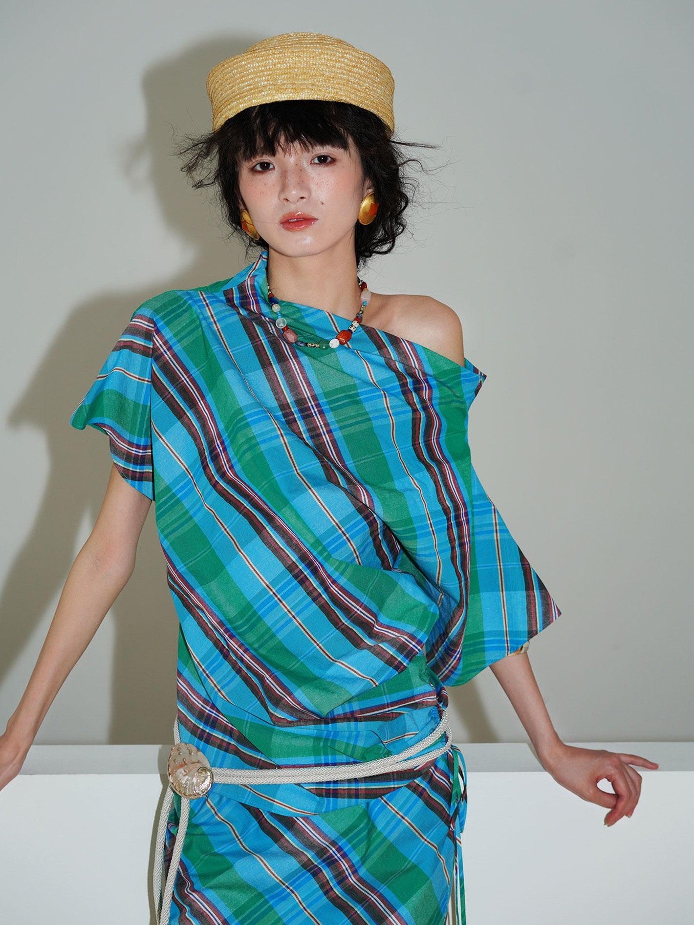 badtaste Striped Colorblock Asymmetric Drawstring Loose Women's Off-shoulder T-shirts
