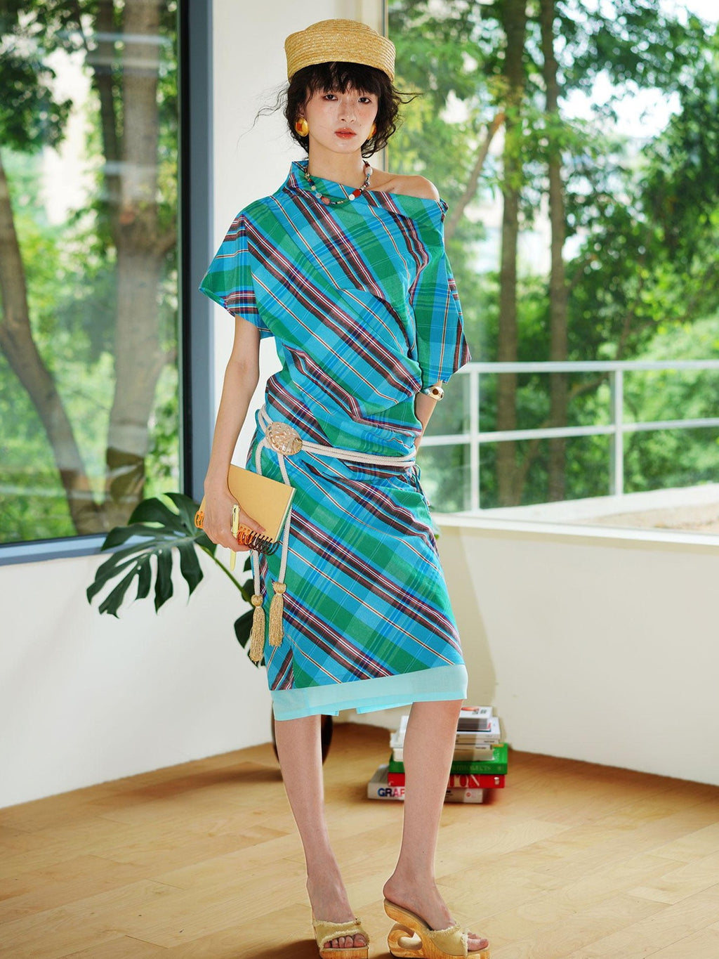 badtaste Striped Colorblock Asymmetric Drawstring Loose Women's Off-shoulder T-shirts