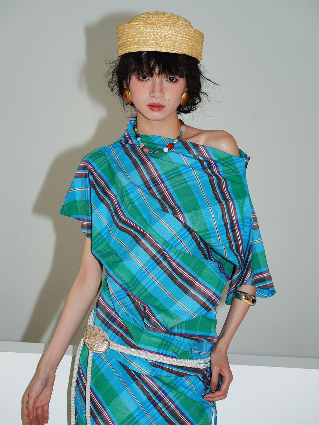 badtaste Striped Colorblock Asymmetric Drawstring Loose Women's Off-shoulder T-shirts