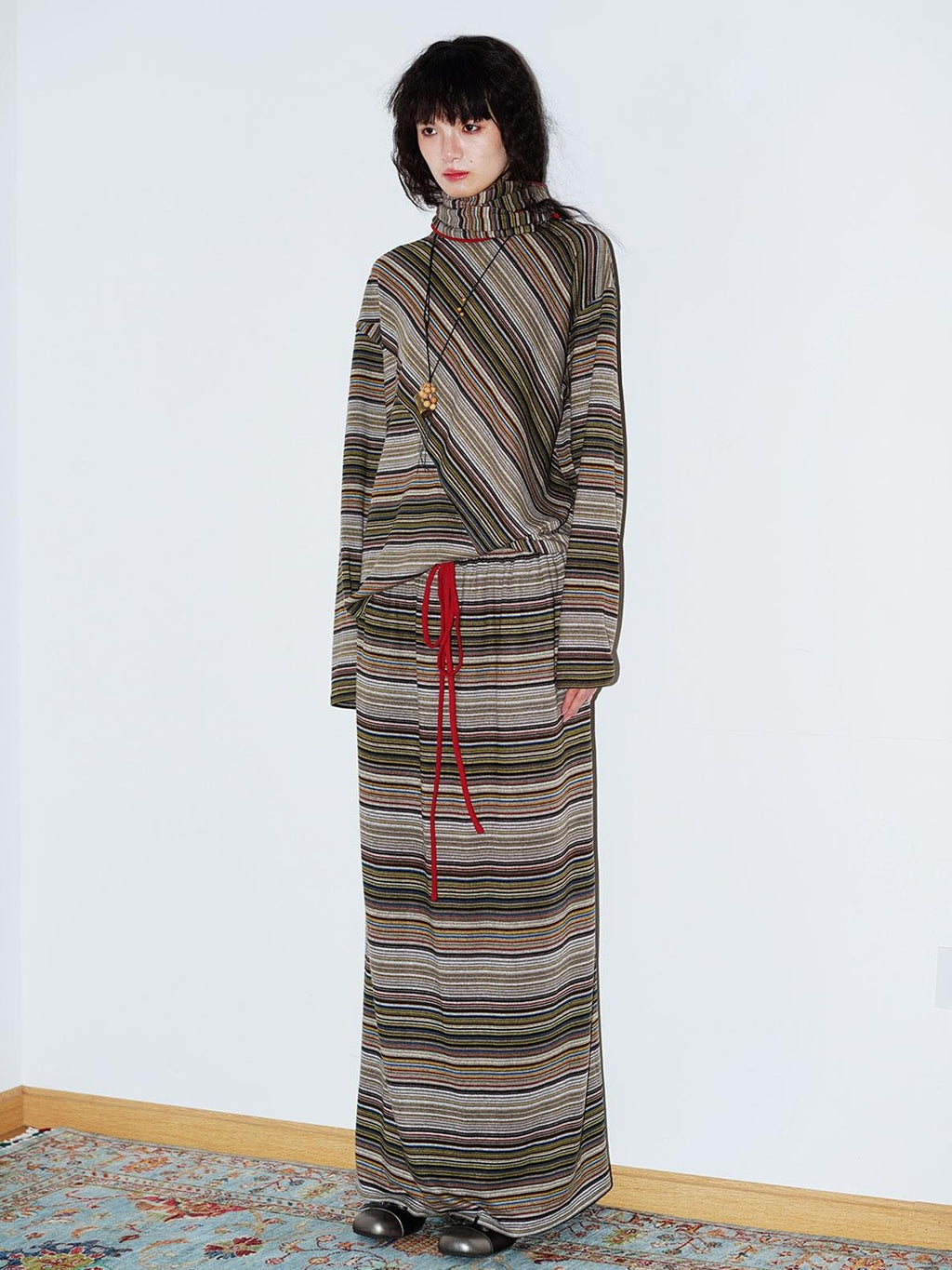 badtaste Striped Colorblock Drawstring Low Waist H Straight Women's Brushed Midi Skirts