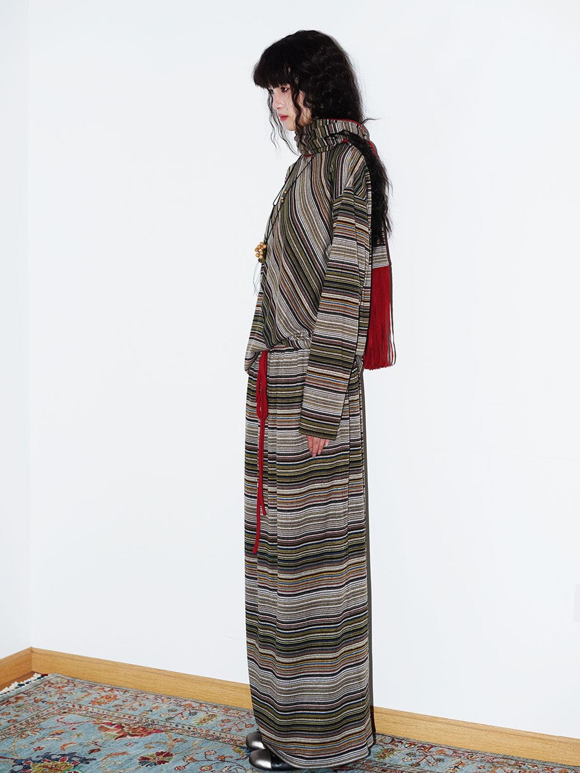 badtaste Striped Colorblock Drawstring Low Waist H Straight Women's Brushed Midi Skirts