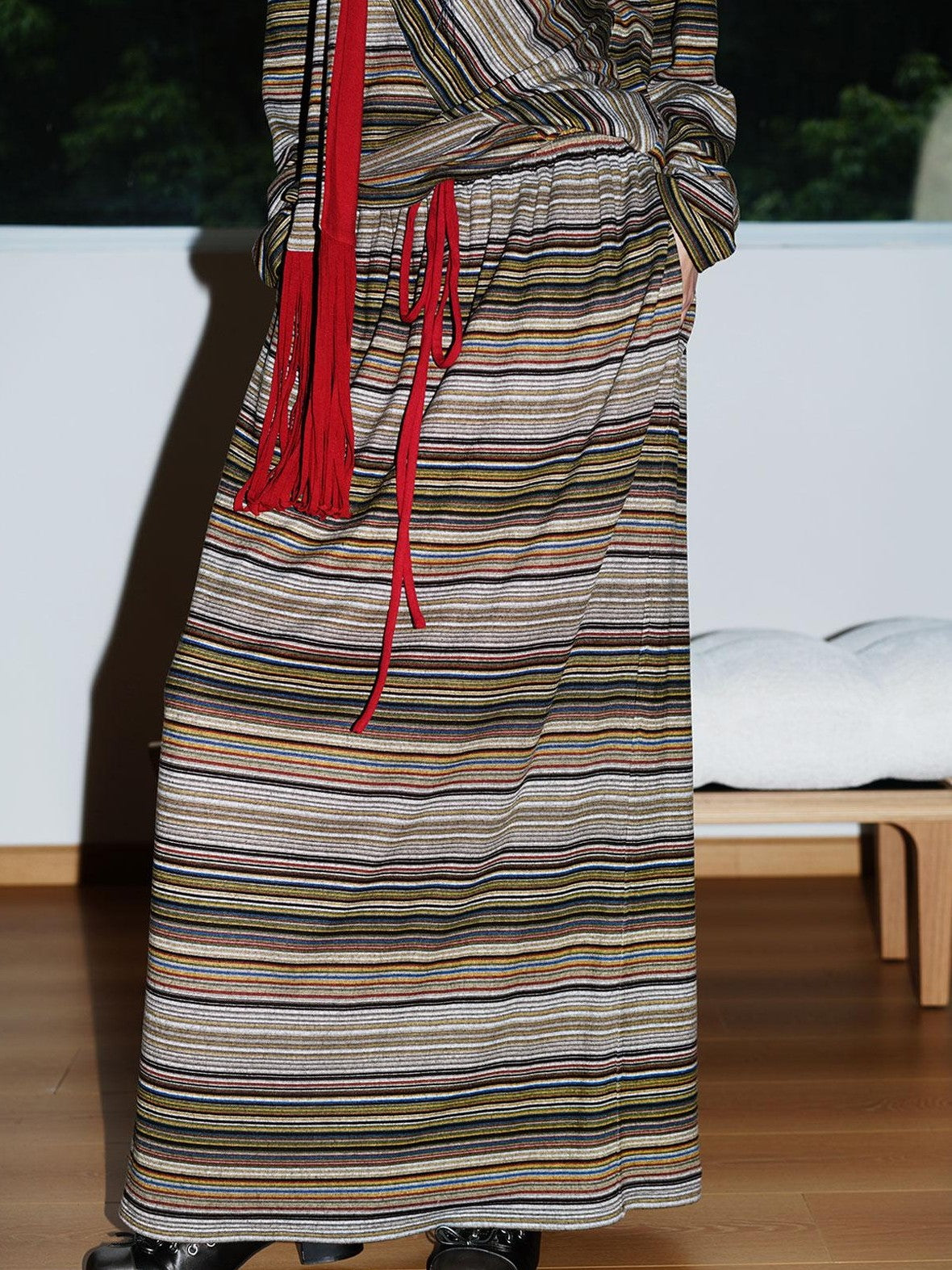 badtaste Striped Colorblock Drawstring Low Waist H Straight Women's Brushed Midi Skirts