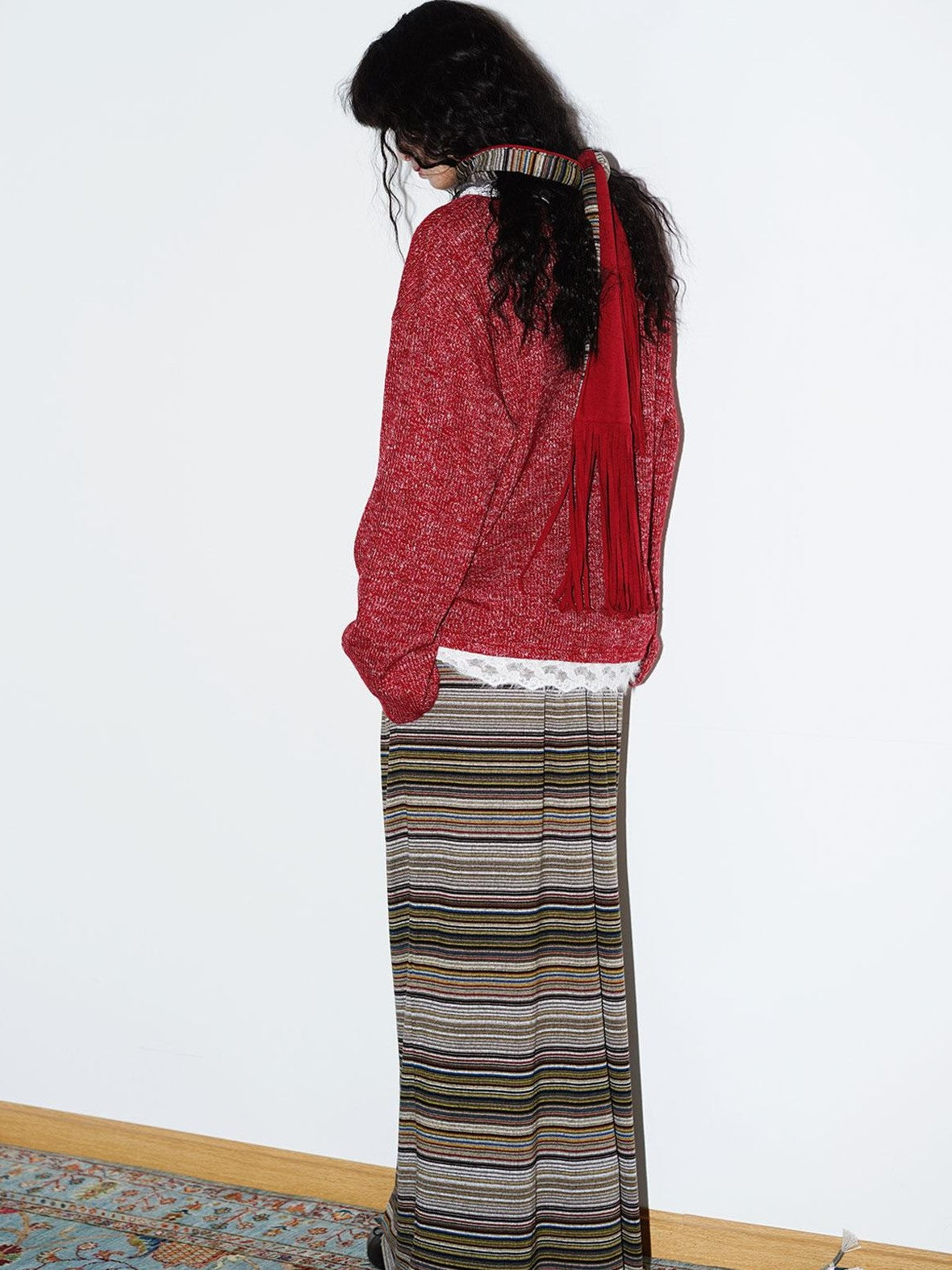 badtaste Striped Colorblock Drawstring Low Waist H Straight Women's Brushed Midi Skirts
